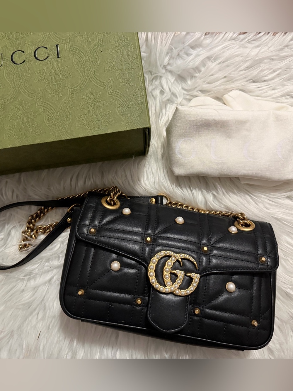 Gucci GG Marmont Pearly Small Black Matelasse Leather Shoulder Bag Limited Ed
